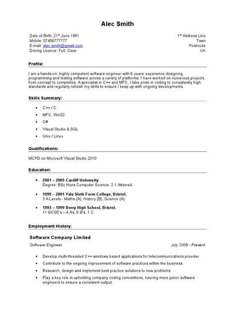 Livecareer's resume examples are a great place to start. Software Engineer Cv Template