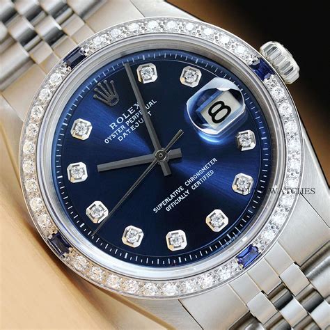 Mens Rolex Datejust Blue Diamond Sapphire 18k White Gold Stainless