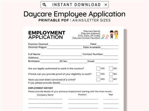 Daycare Employee Application Printable Childcare Center Printable