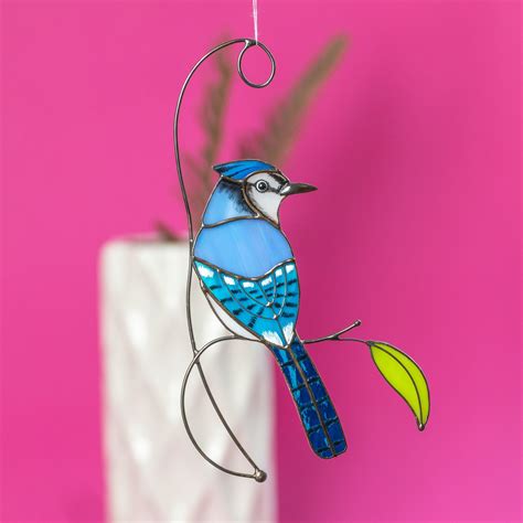 Blue Jay Stained Glass Bird Suncatcher Mom T Modernstained Etsy