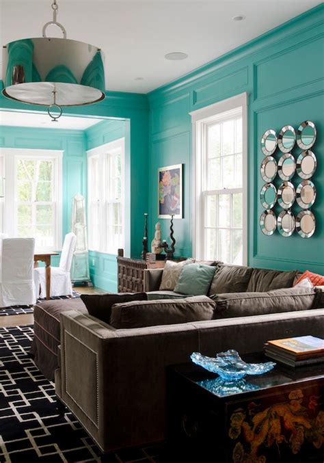 Start with warm neutral colors at 60% then add in royal blue at 30% and use teal as your accent color at 10%. Tiffany Wall Paint - Contemporary - living room - Olson Lewis