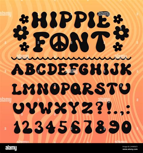 Hippie 60s70s Psychdedelic Cartoon Style Font Vector Doodle