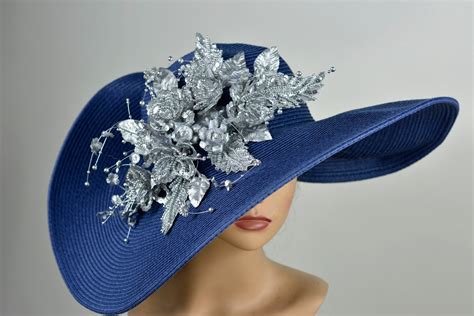 Navy Blue Silver Hat Church Wedding Hat Accessory Tea Hat Etsy