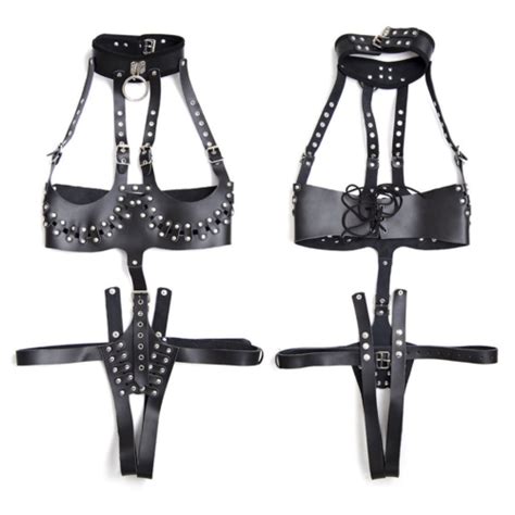 pu leather queen body harness open bra cage sexy women lingerie with neck collar picture 7 of 22