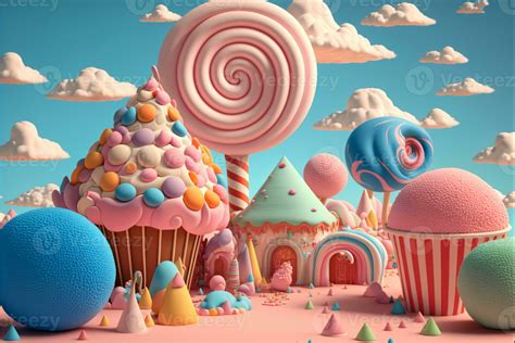 3d Render Fantasy Colorful Candyland Background With Cupcake Candies Ice Cream Clouds