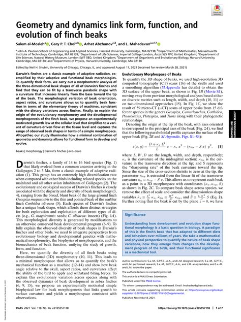 Pdf Geometry And Dynamics Link Form Function And Evolution Of Finch