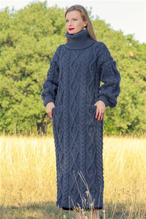 Luxurious Cable Knit Wool Dress Hand Knitted Long Turtleneck Etsy