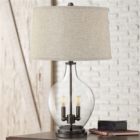 Regency Hill Cottage Table Lamp With Nightlight Led Fillable Clear Glass Drum Shade For Living