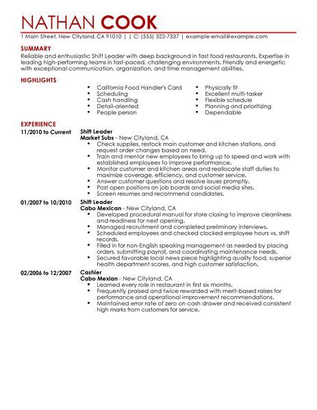 Extensively trained in weapons, police operations and security desires a challenging position in. Best Restaurant/Bar Shift Leader Resume Example | LiveCareer
