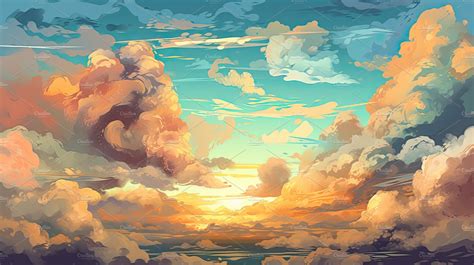 Illustrated Sky With Clouds Sun Stars And Sunrise Or Sunset