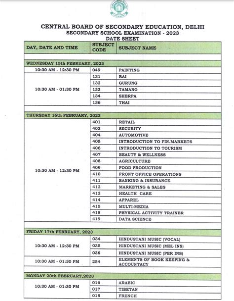 Cbse Date Sheet 2023 For Class 10th 12th Board Exam Time Table Hot