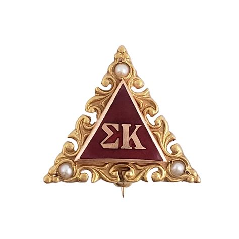10k Gold Sigma Kappa Badge Pin With Red Enamel And Seed Pearls 916