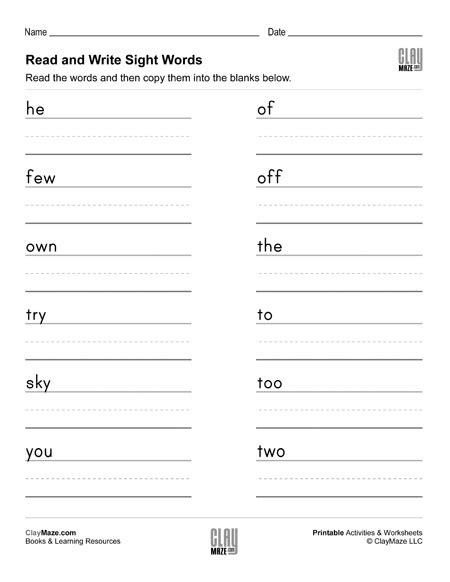 Read And Write Sight Words Practice Worksheet Set 2 Childrens