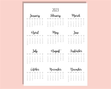 2023 Calendar Template 85 X 11 Inches Vertical Year At A Etsy Uk