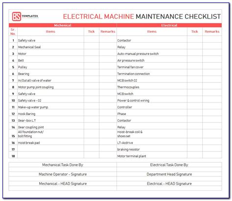 Electrical Checklist In Excel Format Maintenance Chec