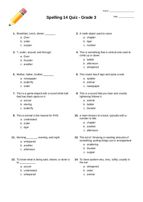 Spelling 14 Quiz Grade 3 Multiple Choice Worksheet Quickworksheets