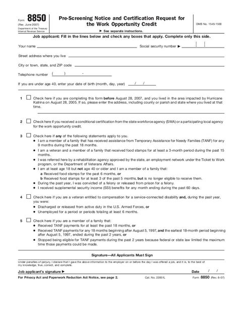Form 8850 Pre Screening Notice And Certification Request