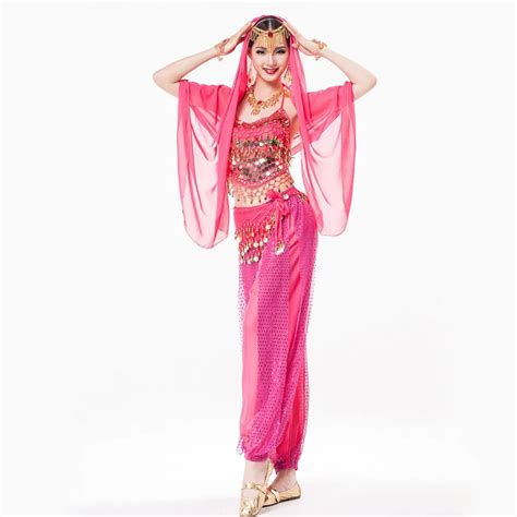 Women Indian Clothing 4 Piece Costume Set Rhinestone Headpiece Halter Top Coin Belt And Pants