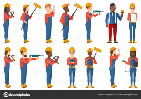 Vector Set Of Constructors And Builders Characters — Stock Vector