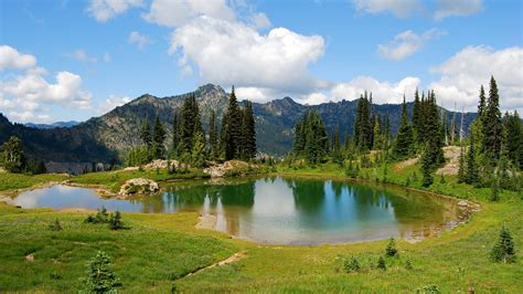 Wallpaper Lake Reflection Mountains Grass Trees Sky Clouds