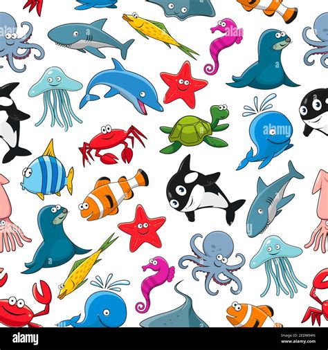 Seamless Pattern Of Vector Cartoon Sea Fish And Ocean Animals Lobster