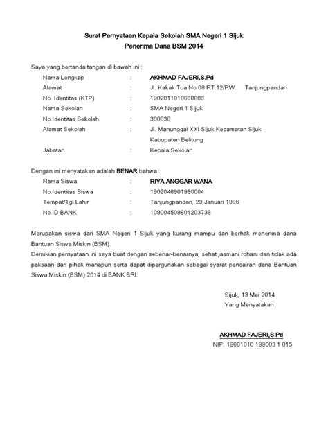 Berisi contoh surat pernyataan lengkap dengan formatnya. Surat Pernyataan Kepala Sekolah SMA Negeri 1 Sijuk