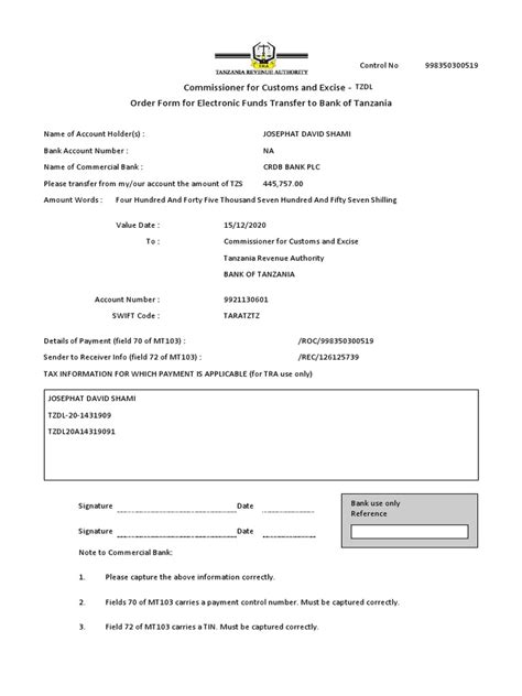 Commissioner For Customs And Excise Order Form For Electronic Funds