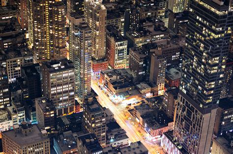 New York City Manhattan Street Aerial View At Night