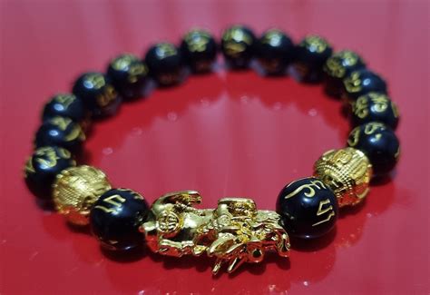 Feng Shui Bracelet Real Black Obsidian Alloy Wealth Golden Etsy