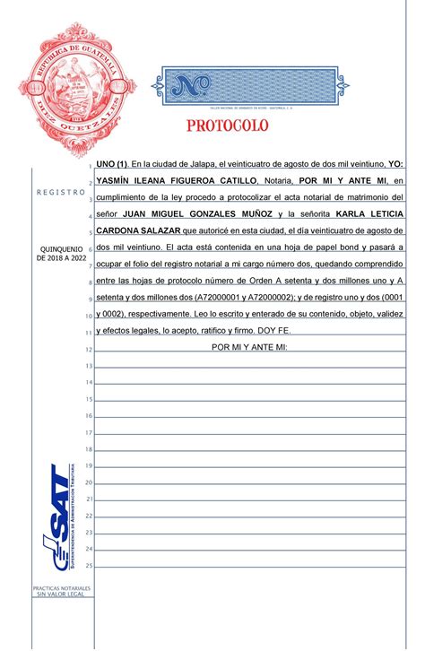 Documento De Protocolización Acta Notarial De Matrimonio Uno 1 En