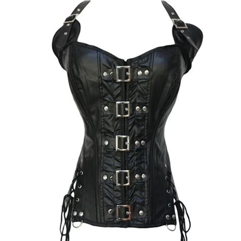 Hot Steampunk Costume Women Sexy Halter Brown Corset And Bustiers Button Up Tops Chest Binder