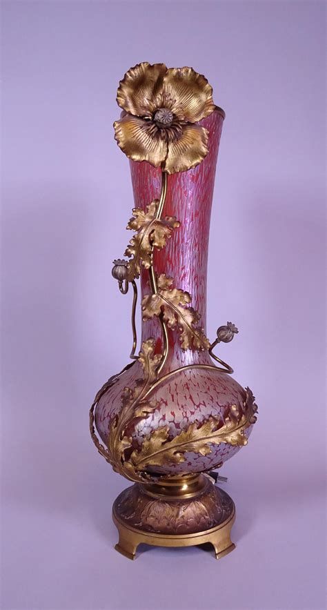 Verrerie Vase Art Nouveau En Bronze Et Verre Multicouche Style Loetz