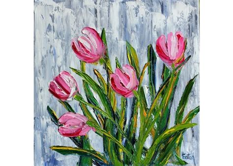 Painting Of Pink Tulips Palette Knife 10x10 Textured Pink Etsy