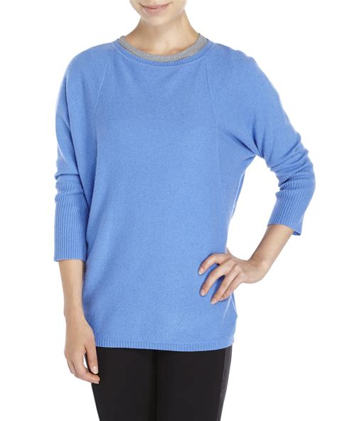Magaschoni Three Quarter Sleeve Cashmere Sweater In Blue Lyst