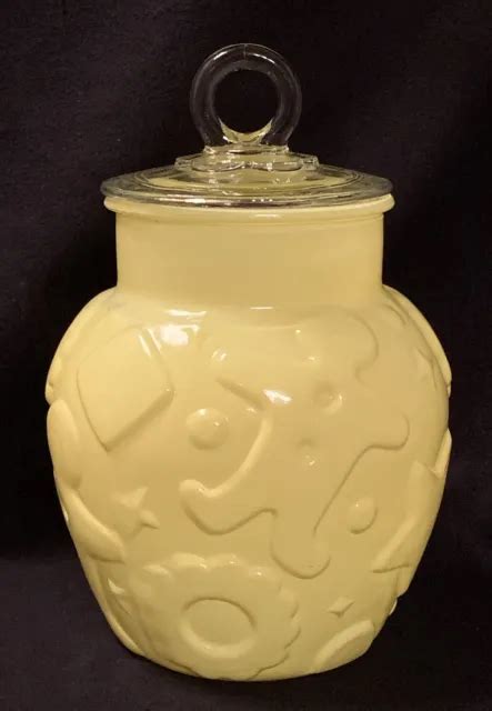 Vintage Hazel Atlas Yellow Platonite Cookie Jar W Embossed Cookies