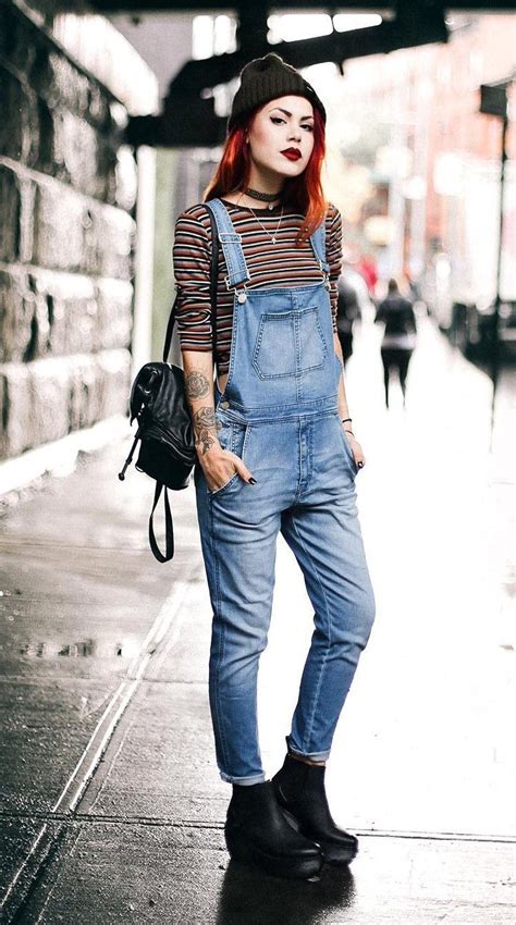Beanie With Chokers Striped Tee Denim Overalls And Black Shoes By