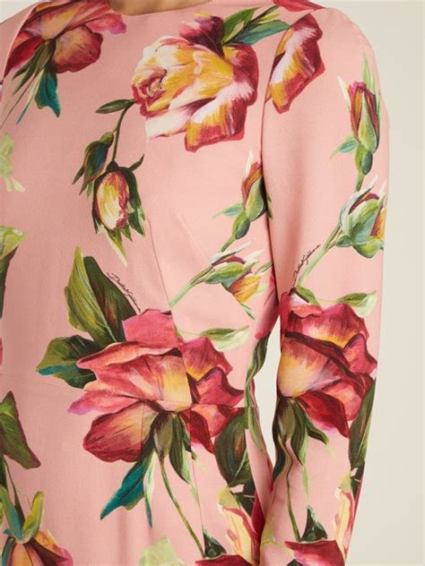 Round Neck Rose Print Crepe Cady Dress Dolce Gabbana