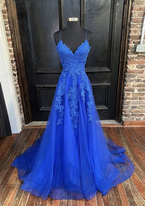 A Lineprincess V Neck Sweep Train Tulle Prom Dress With Appliqued Prom Dresses Uk