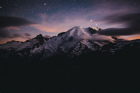 Nature Mountains Landscape Snowy Mountain Starry Night Snowy Peak