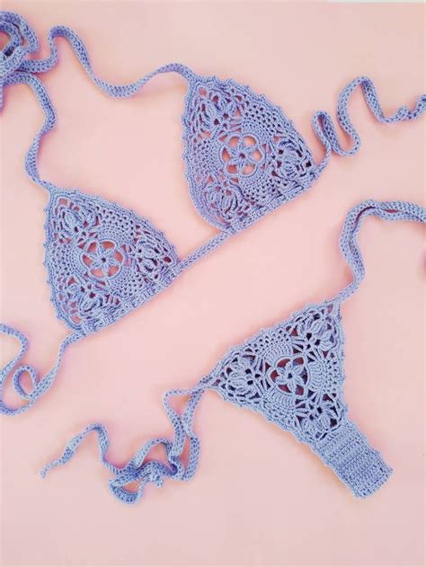 See Through Crochet Bikini Set Thong Crocheted Swimsuit Etsy