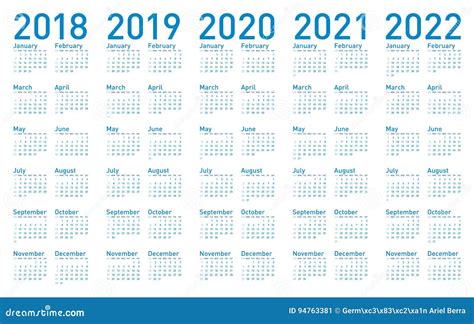 Simple Blue Calendar For Years 2018 2019 2020 2021 And 2022 Stock