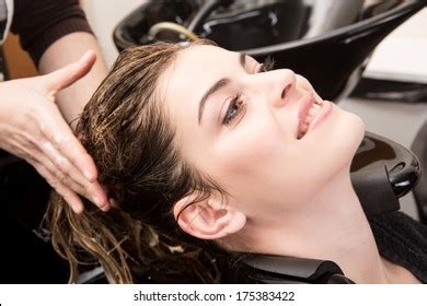 Beautiful Woman Washing Her Hair Hairsalon Stock Photo