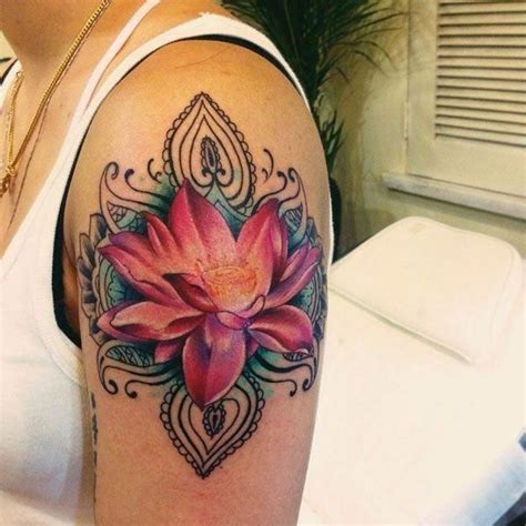 Detailed Red Lotus Flower Tattoo Design Cute Colored Black And