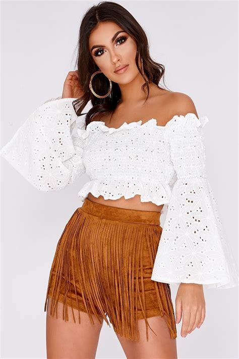 White Broderie Anglaise Shirred Flare Sleeve Crop Top Crop Tops