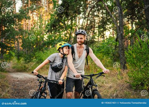 Cycling People Couple Cycle Mtb Trail Track Outdoor Sport Activity Couple With Bikes In