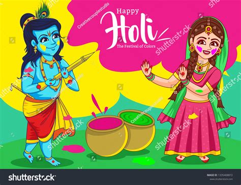 Little Radha Krishna Playing Colourful Holi Stock Vector Royalty Free