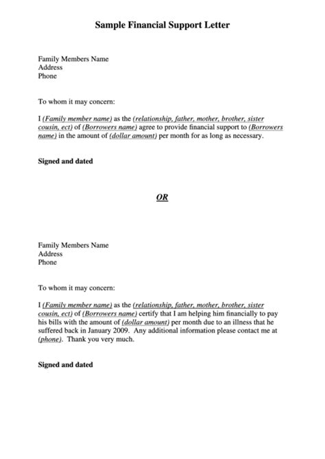 A pdf copy will be submitted with the proposal. Sample Financial Support Letter printable pdf download