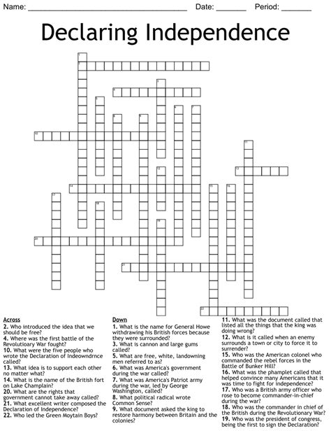 Independence Day Crossword Puzzle Printable