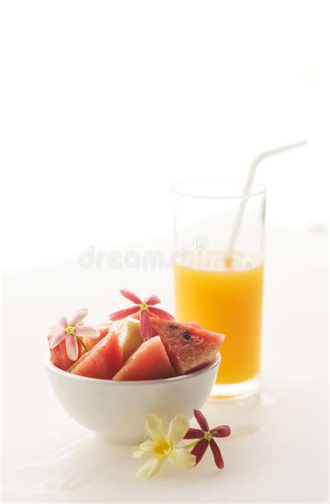 Watermelon And Banana Fruit Salad With Fresh Orange Juice Stock Image