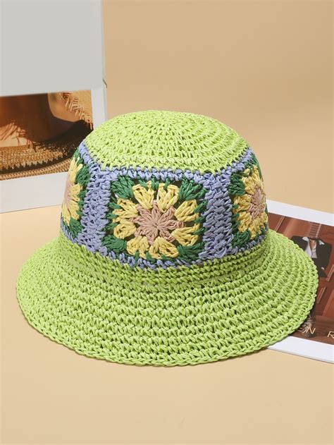 Green Boho Paper Floral Straw Hat Embellished Women Accessories Easy